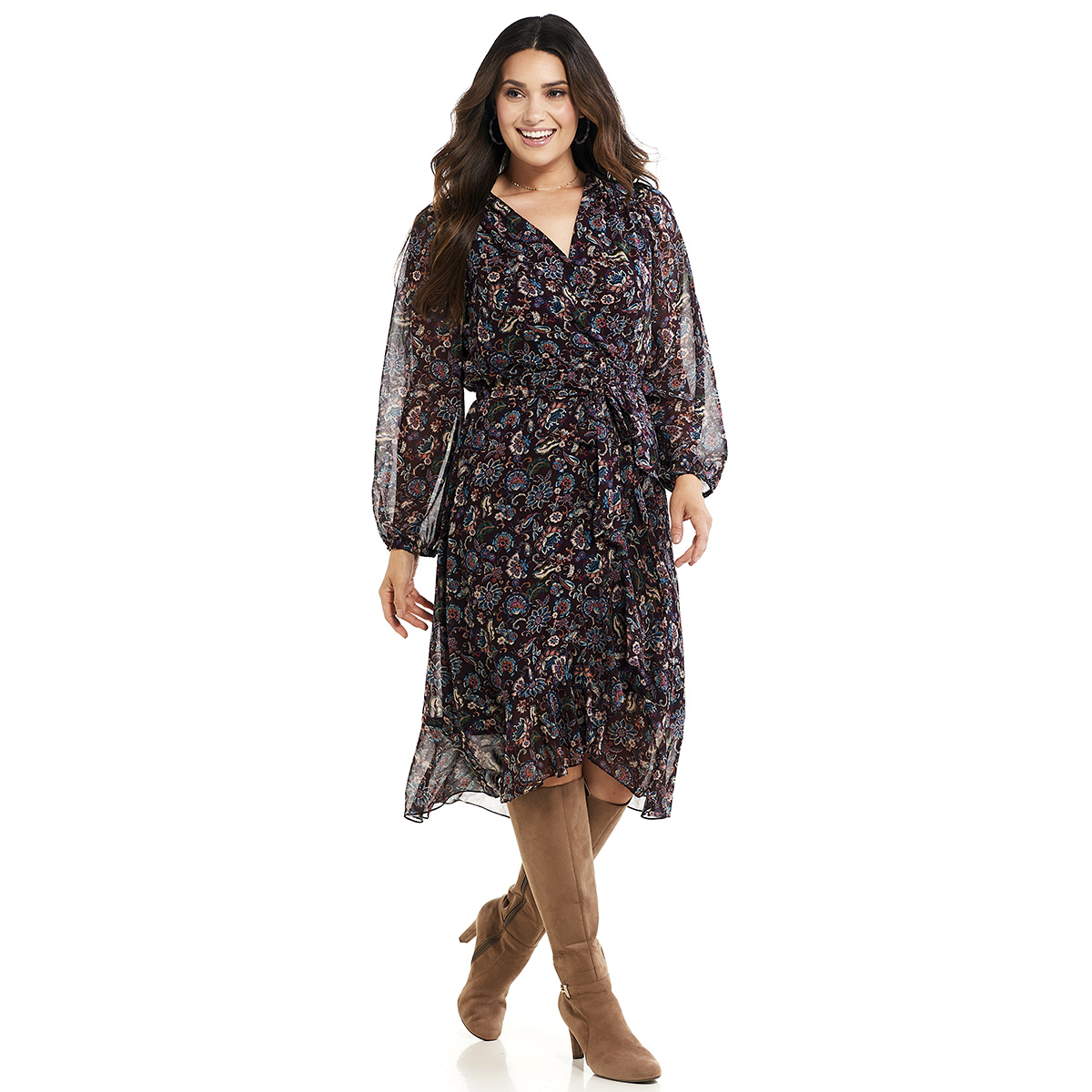 Womens Luxology Long Sleeve V-Neck Chiffon Floral Midi Dress