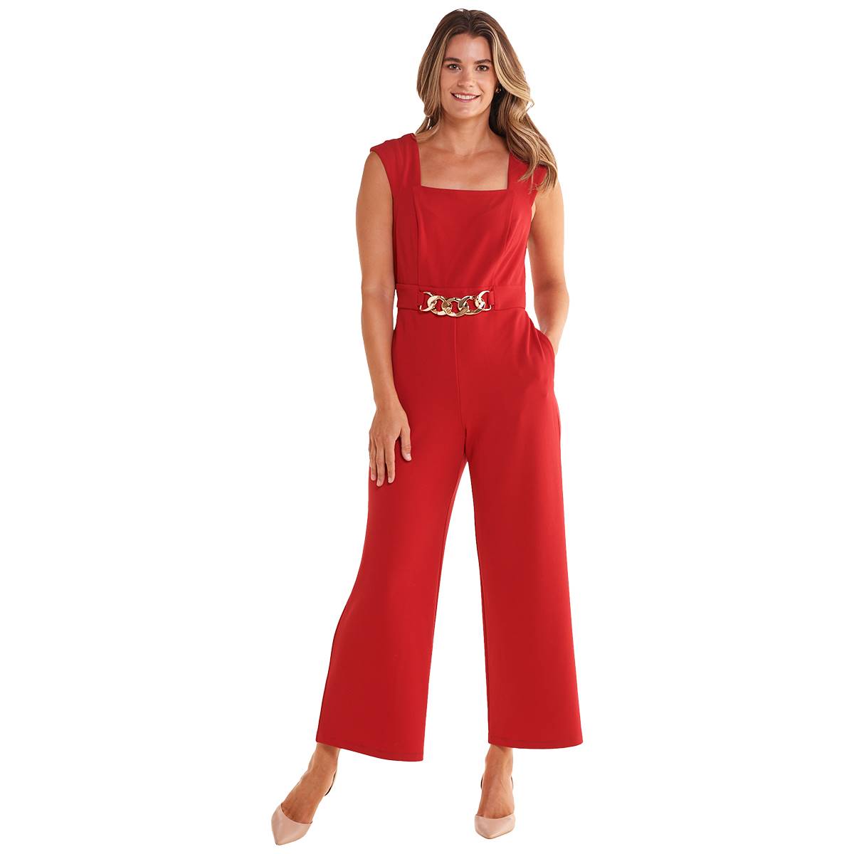 Womens Luxology Cap Sleeve Square Neck Scuba Hardware Jumpsuit