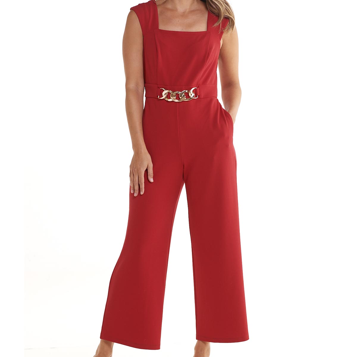 Womens Luxology Cap Sleeve Square Neck Scuba Hardware Jumpsuit