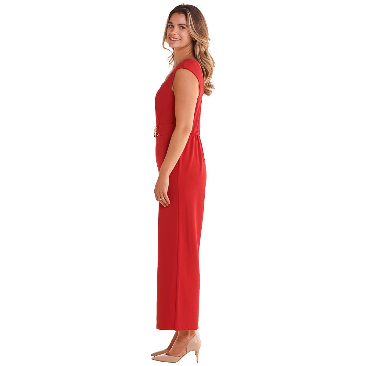 Womens Luxology Cap Sleeve Square Neck Scuba Hardware Jumpsuit