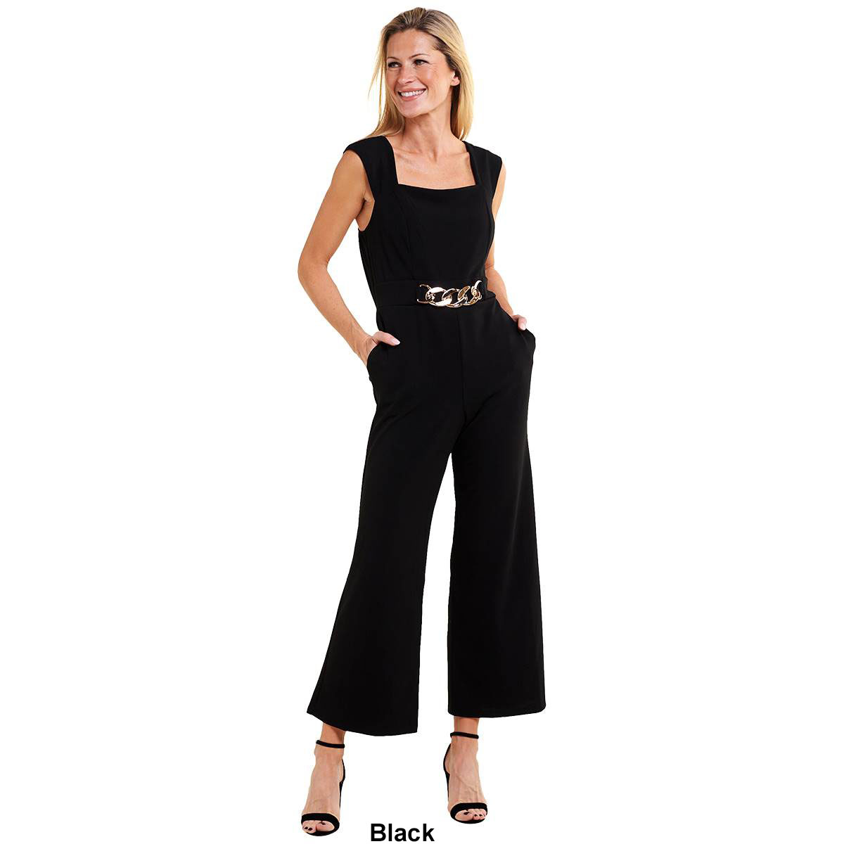 Womens Luxology Cap Sleeve Square Neck Scuba Hardware Jumpsuit