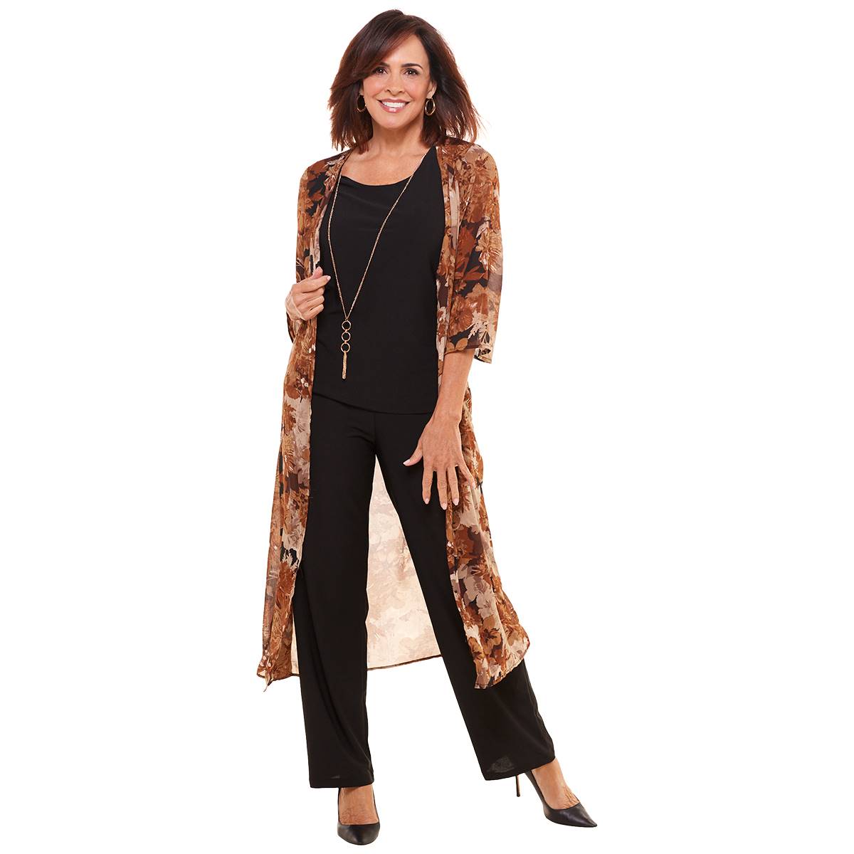 Womens Gloria Lance 3pc. Floral Chiffon Duster Pants Set