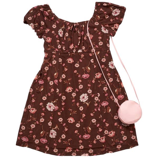 Girls (7-16) As U Wish Flared Mesh Floral Dress w/ Purse