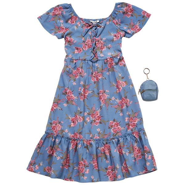 Girls (7-16) As U Wish Flutter Sleeve Smocked Midi Dress w/ Purse