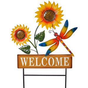 Dragonfly Sunflower Welcome Metal Garden Stake