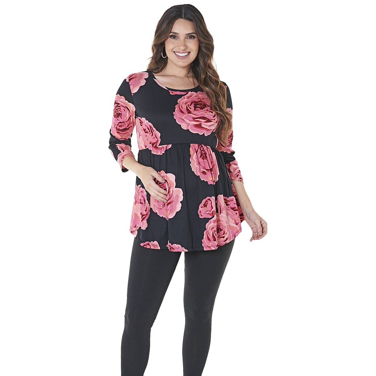 Womens Due Time 3/4 Sleeve Cross Back Floral Top - Black/Pink