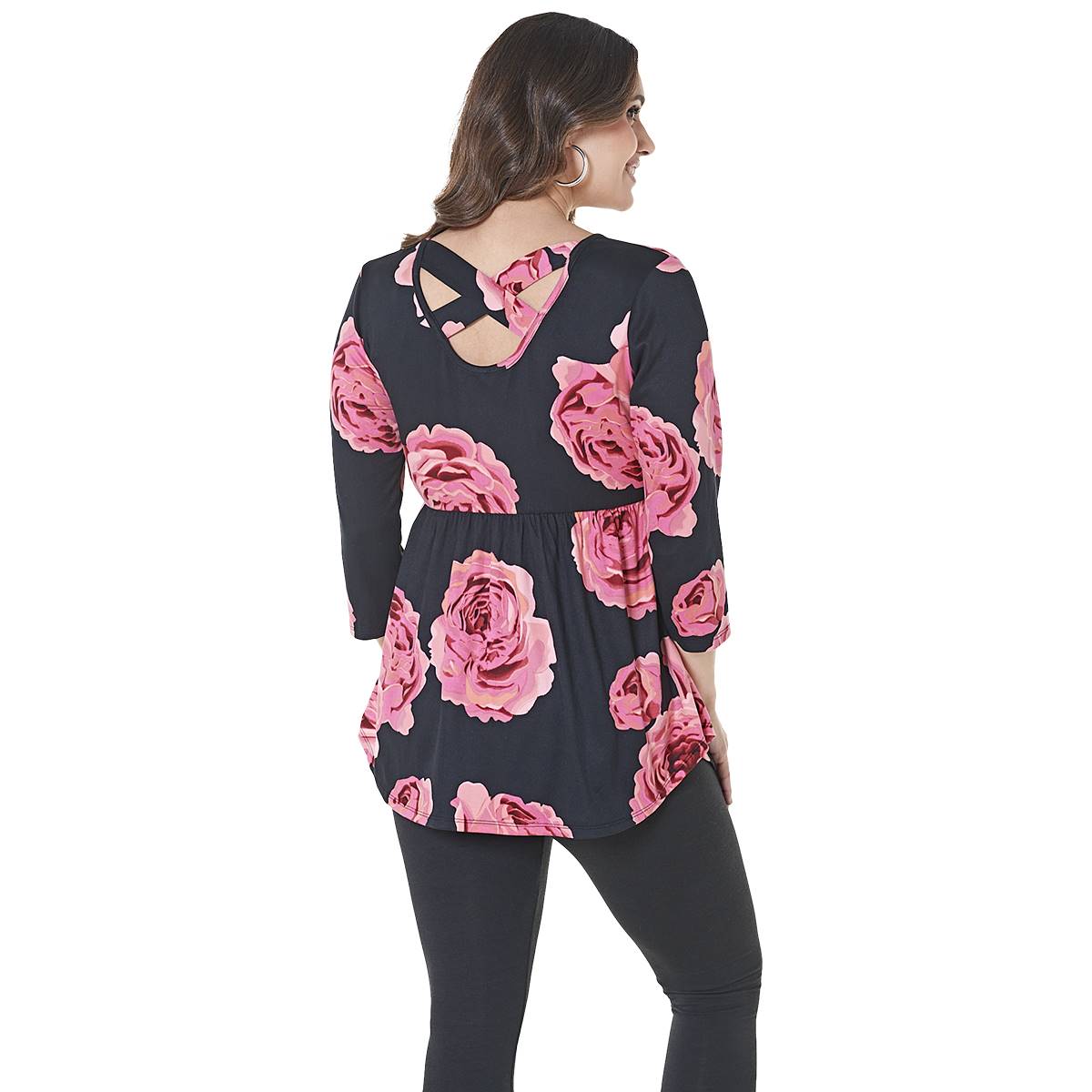 Womens Due Time 3/4 Sleeve Cross Back Floral Top - Black/Pink