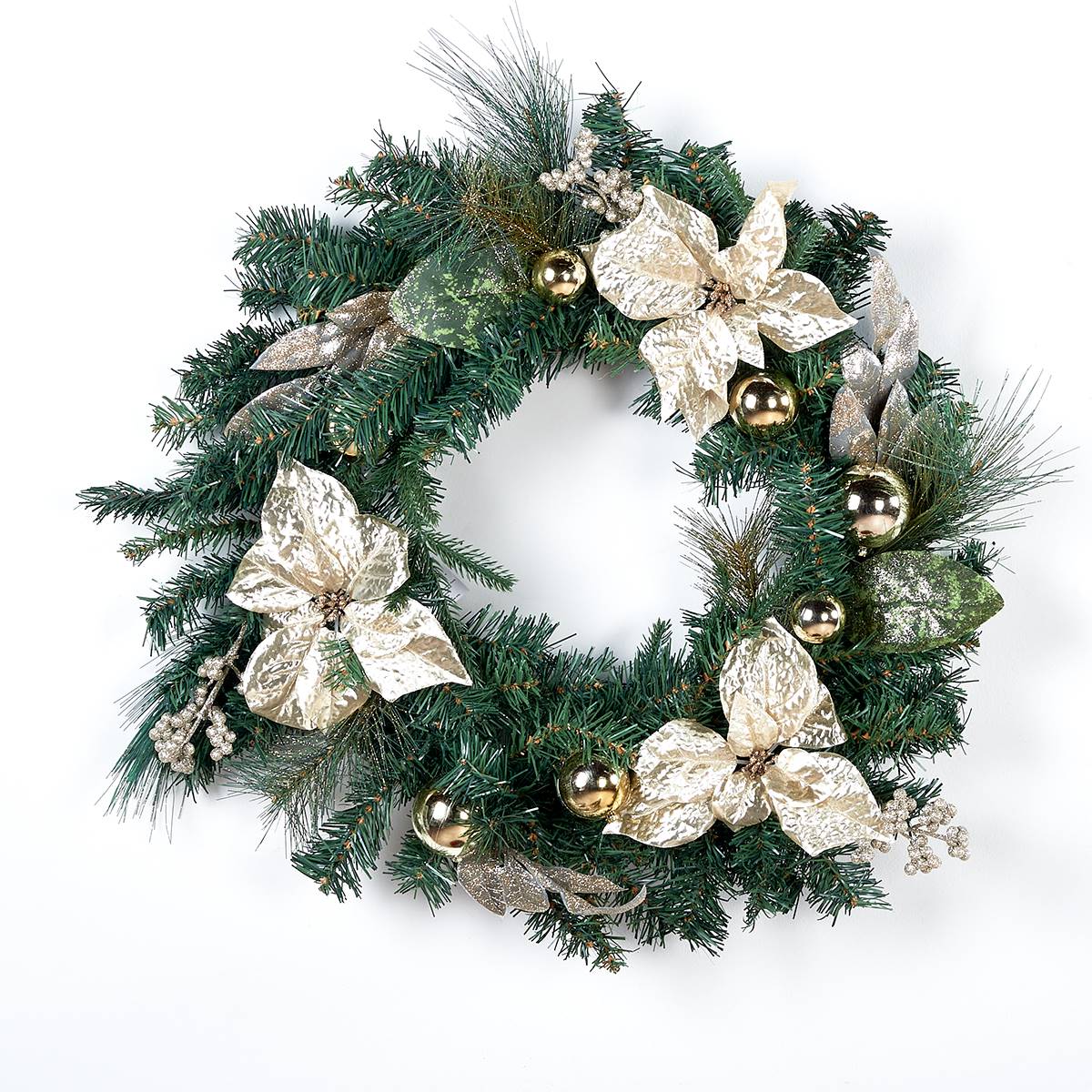 24in. Life-Like Wreath W/Gold Poinsettias & Ball Ornaments