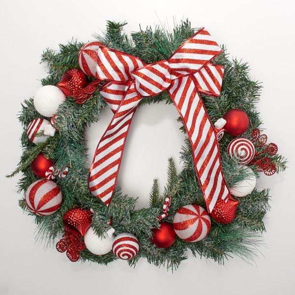 Peppermint/Ball Ornaments/Striped Bow Wreath