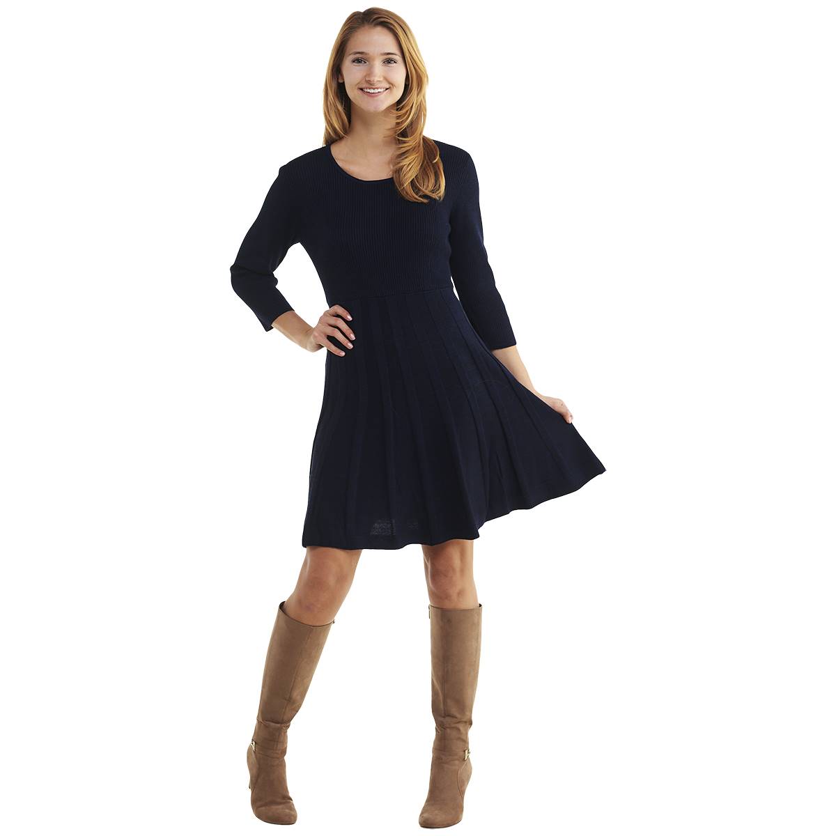 Womens Nina Leonard Long Sleeve Pleated Sweater Dress - Navy