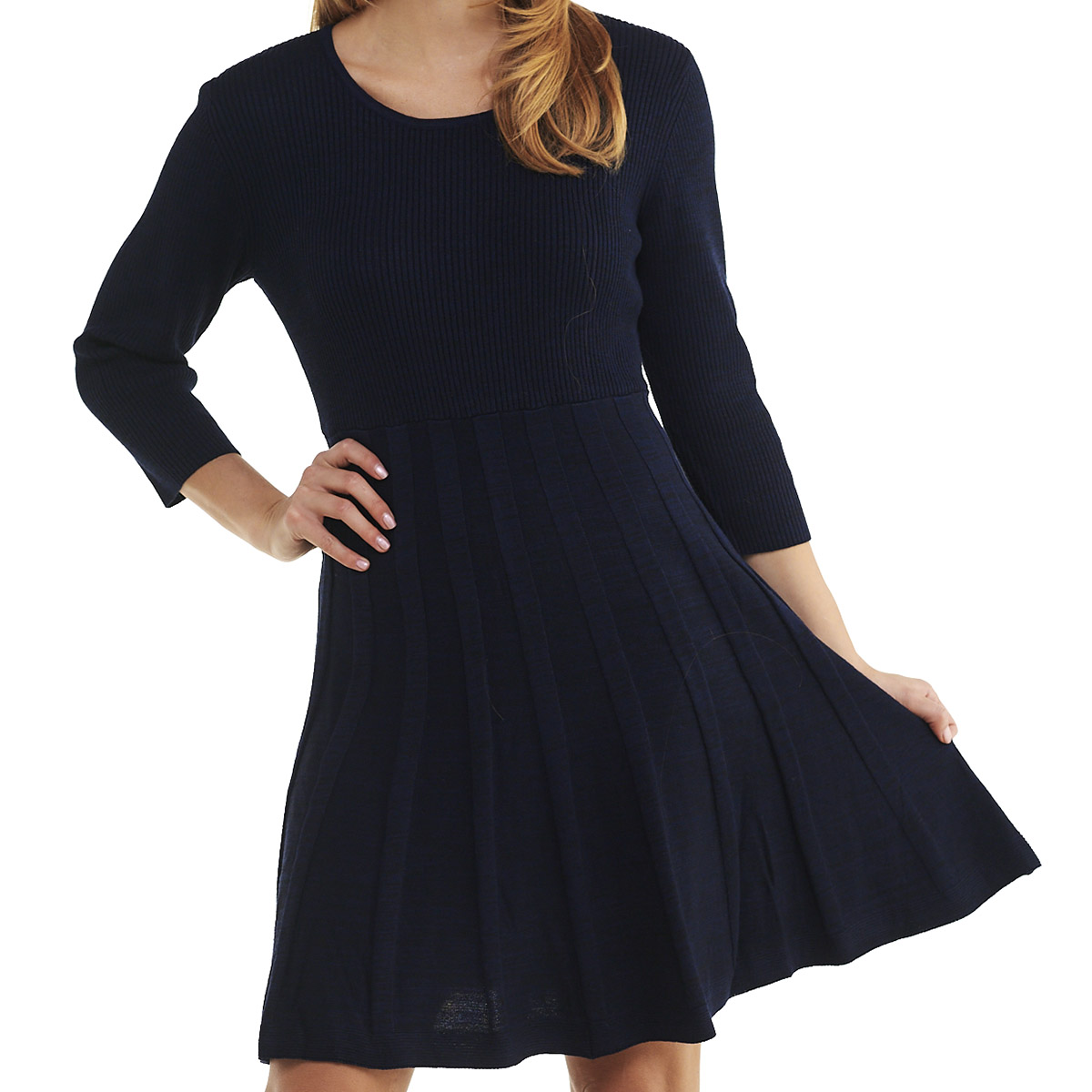 Womens Nina Leonard Long Sleeve Pleated Sweater Dress - Navy