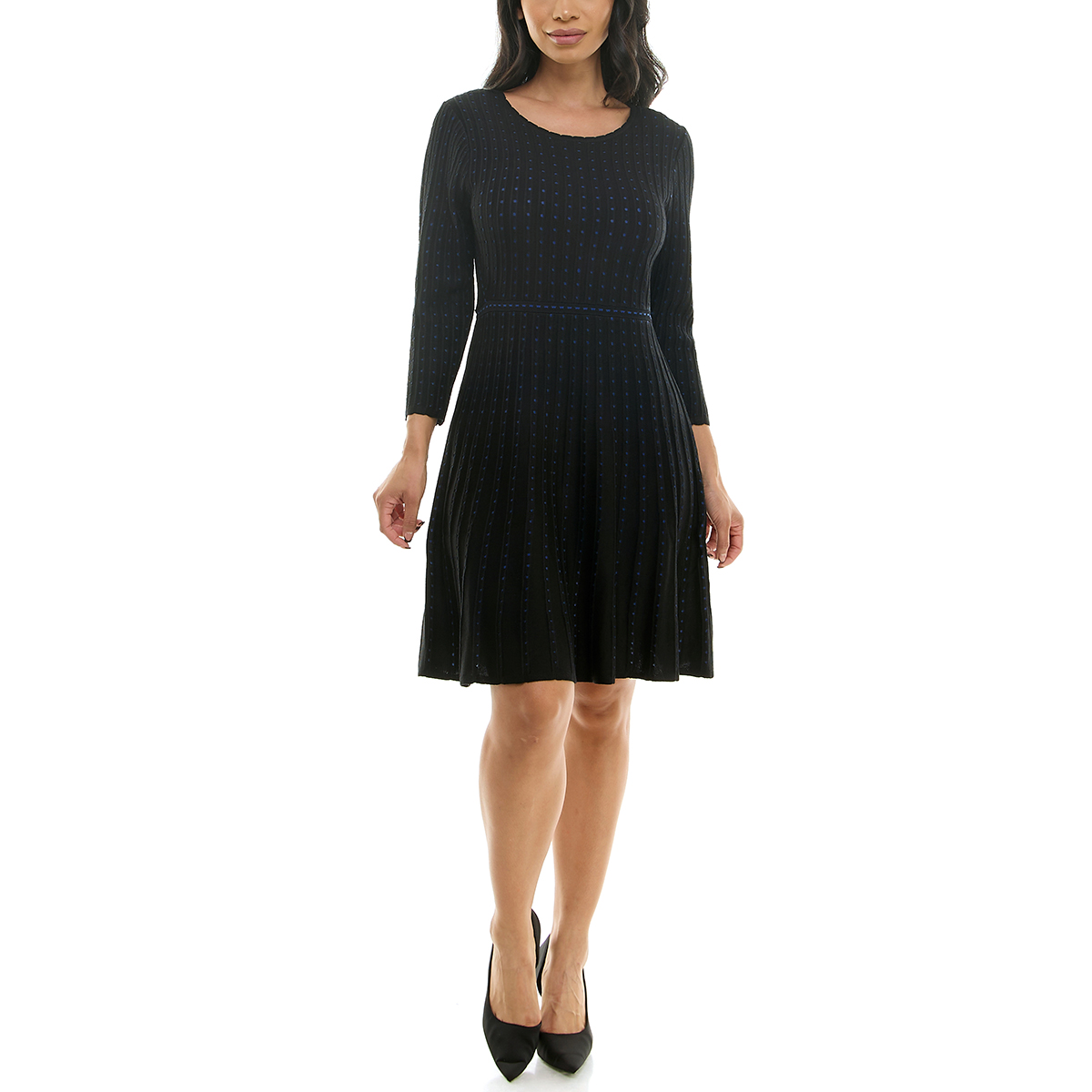 Womens Nina Leonard 3/4 Sleeve Fit & Flare Dot Sweater Dress