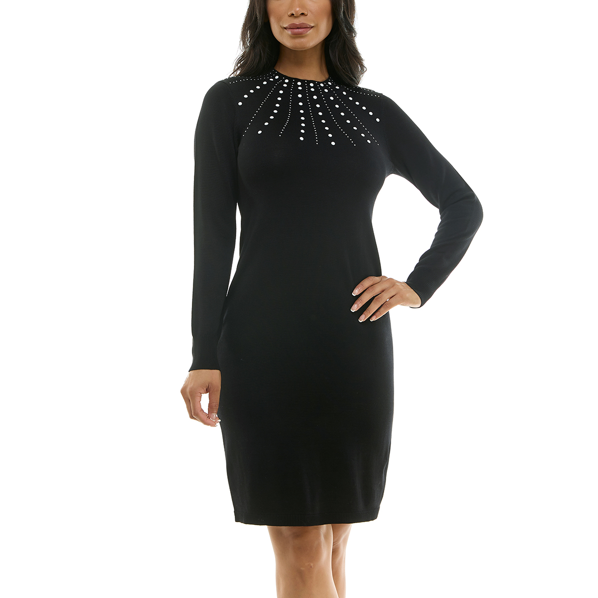 Womens Nina Leonard Long Sleeve Pearl Yoke Sweater Dress