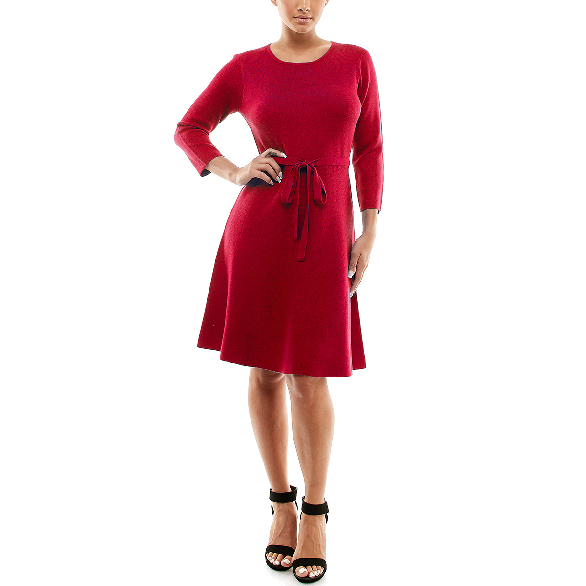 Womens Nina Leonard 3/4 Sleeve Sweater Dress With Belt