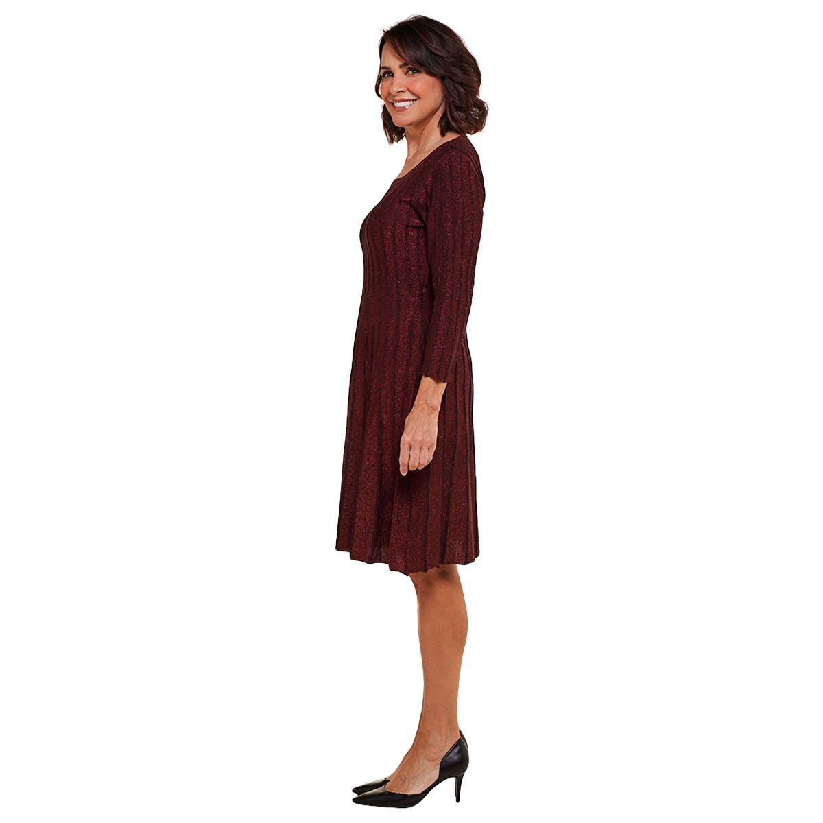 Womens Nina Leonard 3/4 Sleeve Solid Lurex Rib Sweater Dress