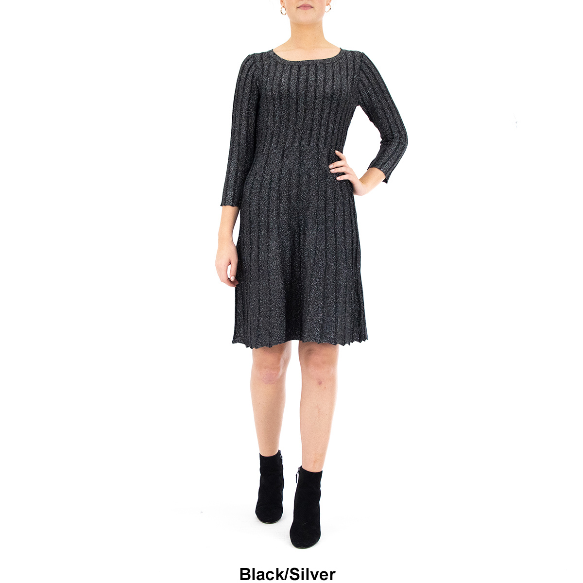 Womens Nina Leonard 3/4 Sleeve Solid Lurex Rib Sweater Dress