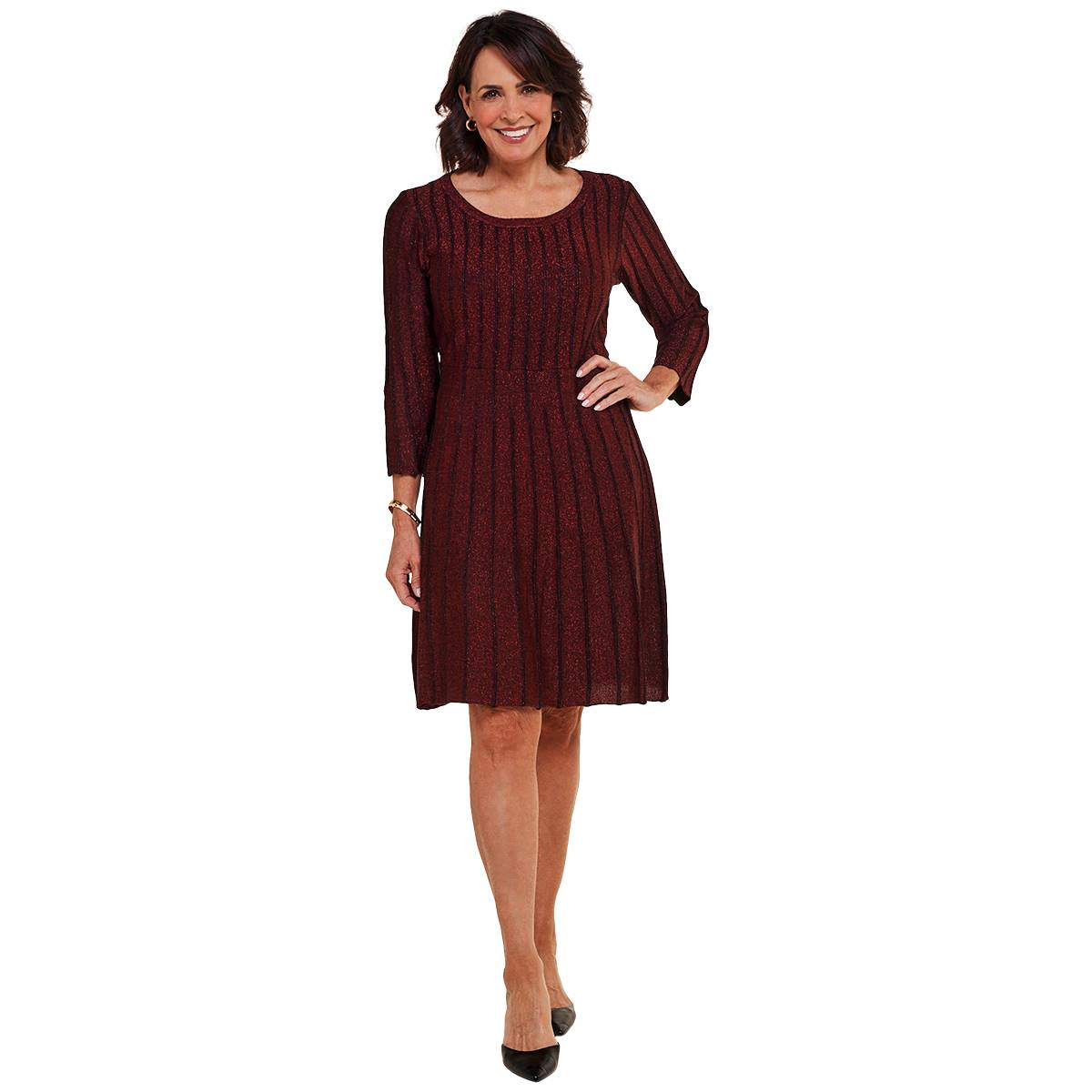 Womens Nina Leonard 3/4 Sleeve Solid Lurex Rib Sweater Dress