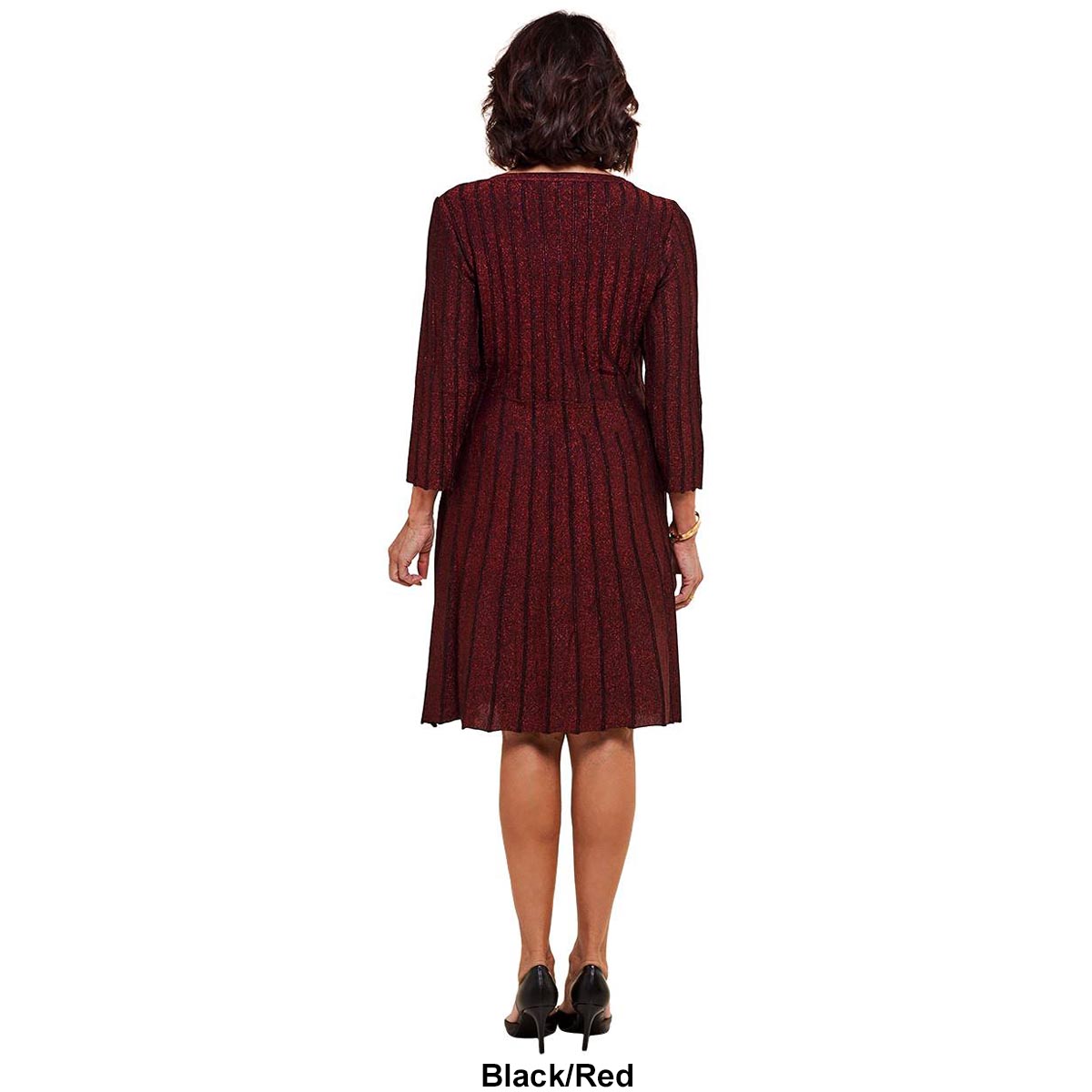 Womens Nina Leonard 3/4 Sleeve Solid Lurex Rib Sweater Dress