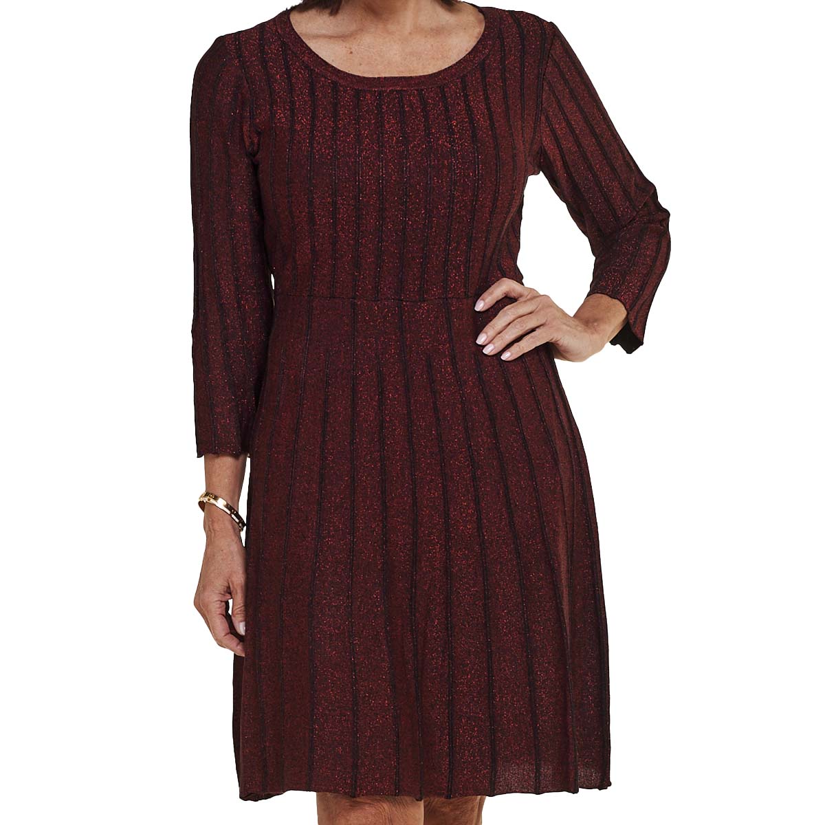 Womens Nina Leonard 3/4 Sleeve Solid Lurex Rib Sweater Dress