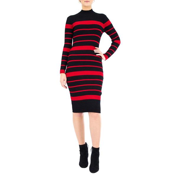 Womens Nina Leonard Rib Stripe Turtleneck Knit Sweater Dress