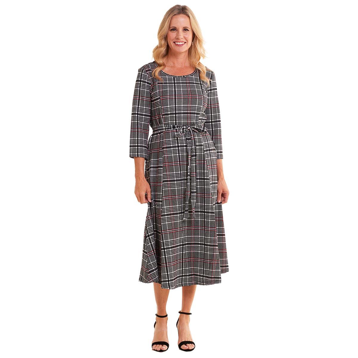 Womens Nina Leonard 3/4 Sleeve Plaid Midi Dress