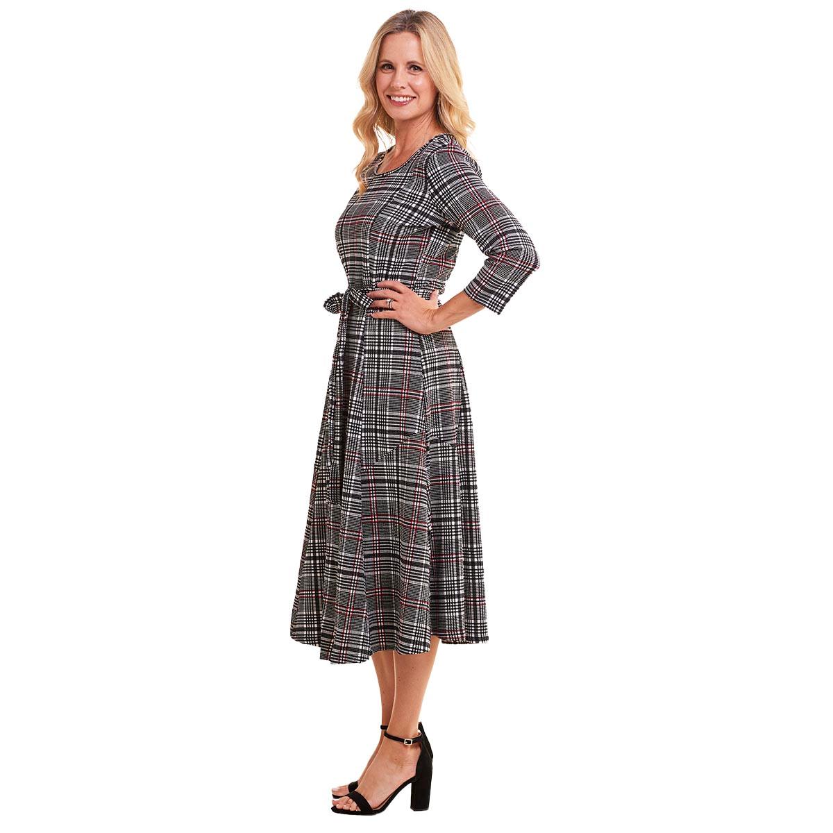 Womens Nina Leonard 3/4 Sleeve Plaid Midi Dress