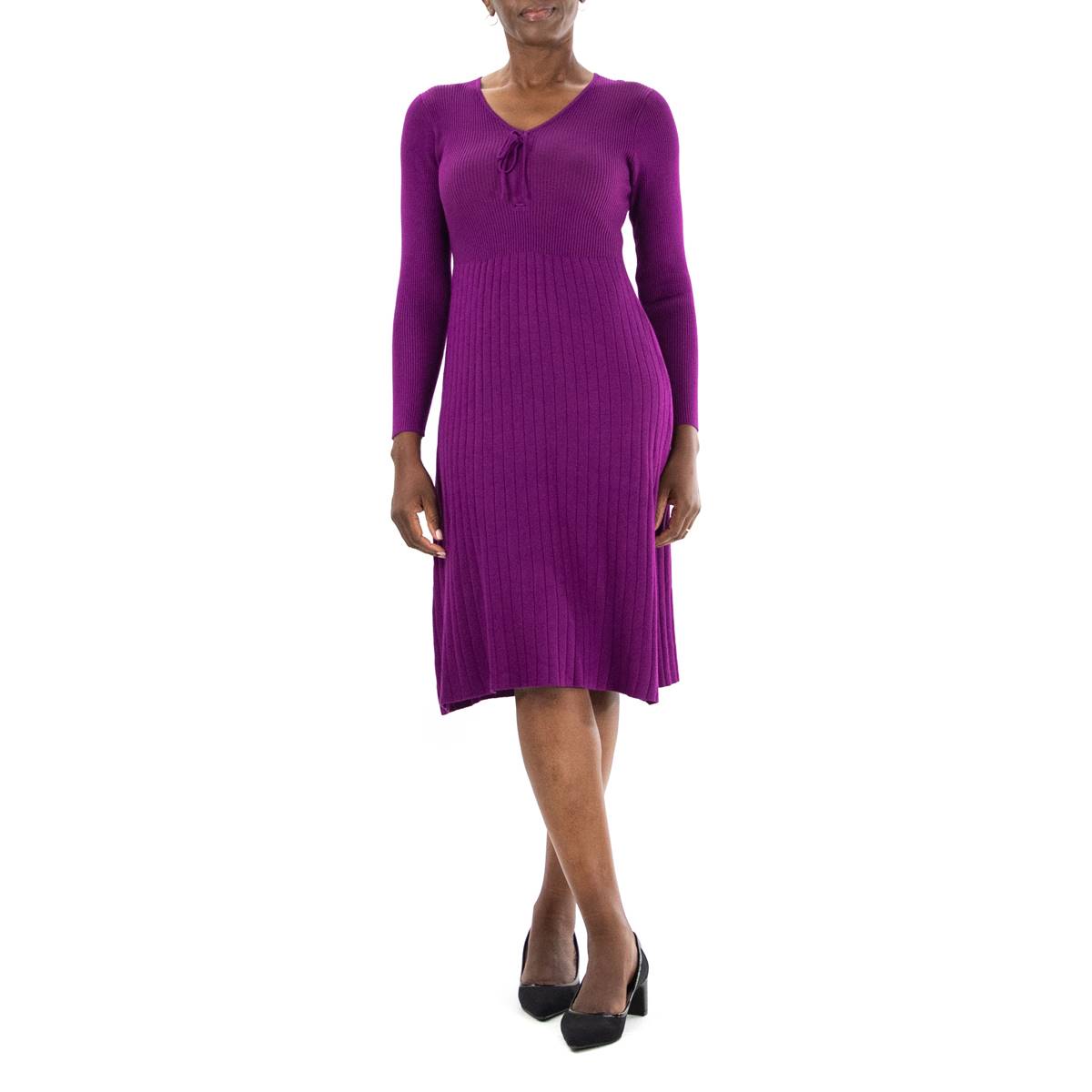 Womens Nina Leonard Long Sleeve Rib-Knit Flare Hem Sweater Dress