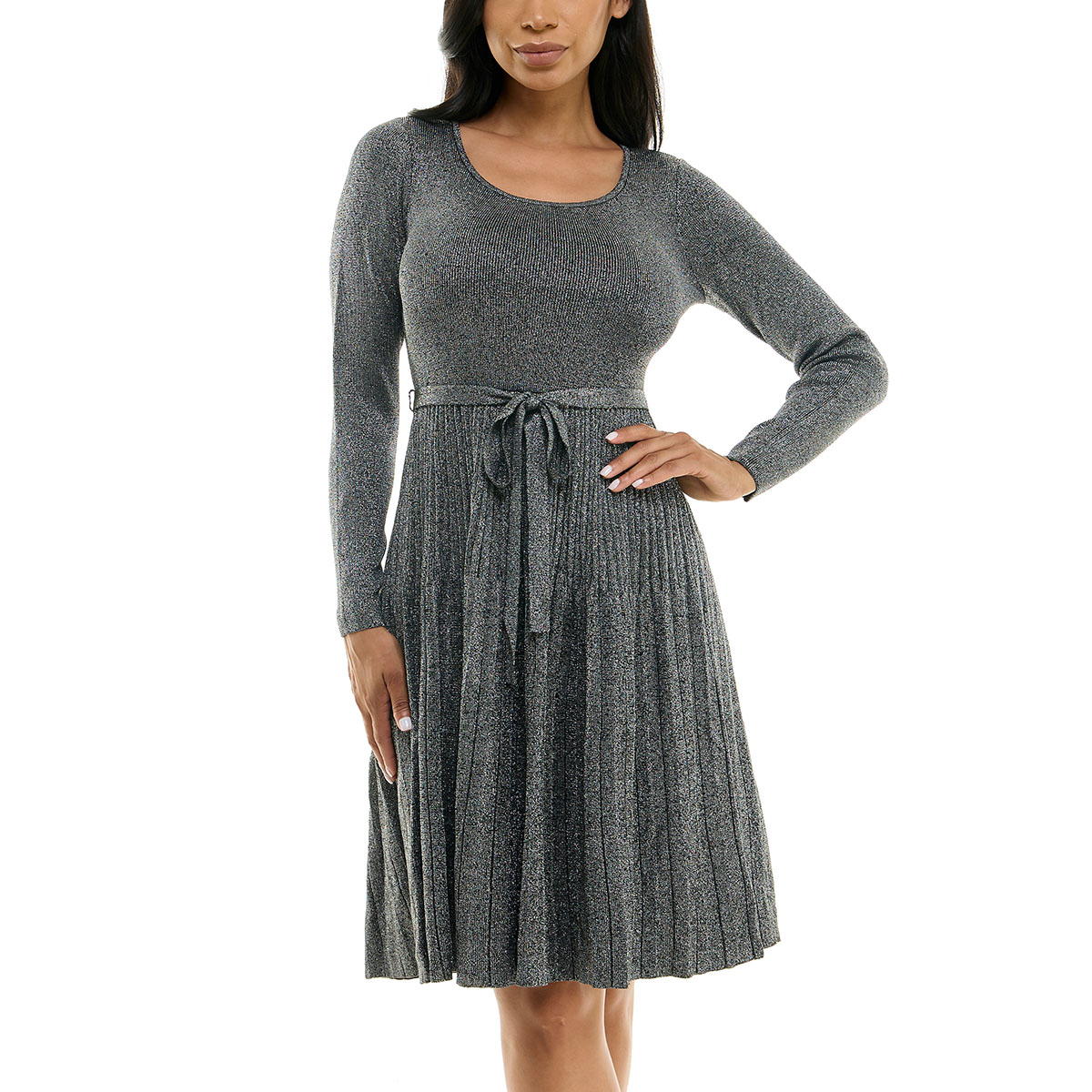 Womens Nina Leopard Pleated Metallic Fit & Flare Sweater Dress