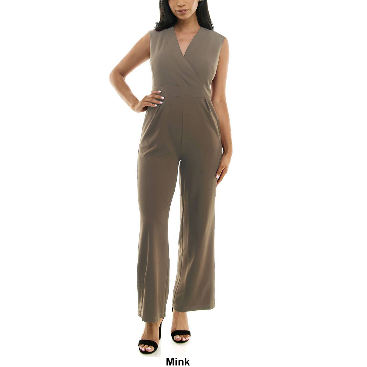 Womens Nina Leonard Sleeveless V-Neck Crepe Jumpsuit