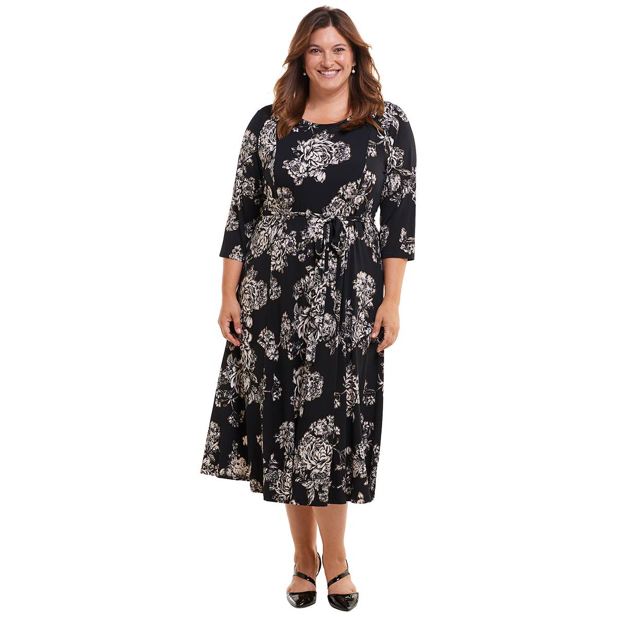 Plus Size Nina Leonard 3/4 Sleeve Floral Midi Dress