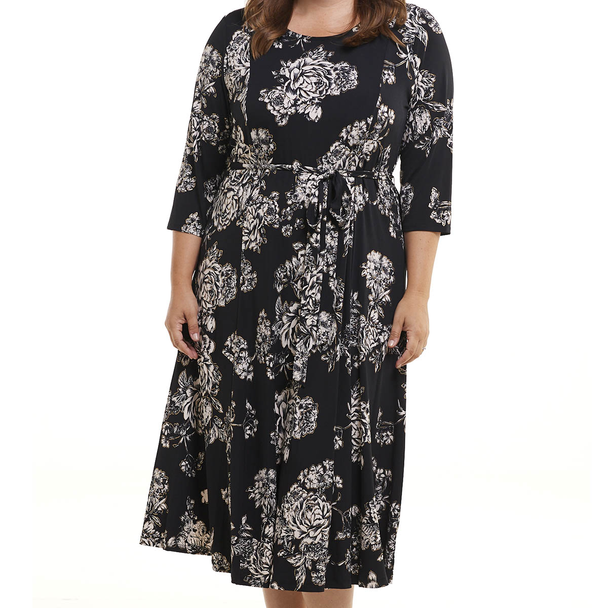 Plus Size Nina Leonard 3/4 Sleeve Floral Midi Dress