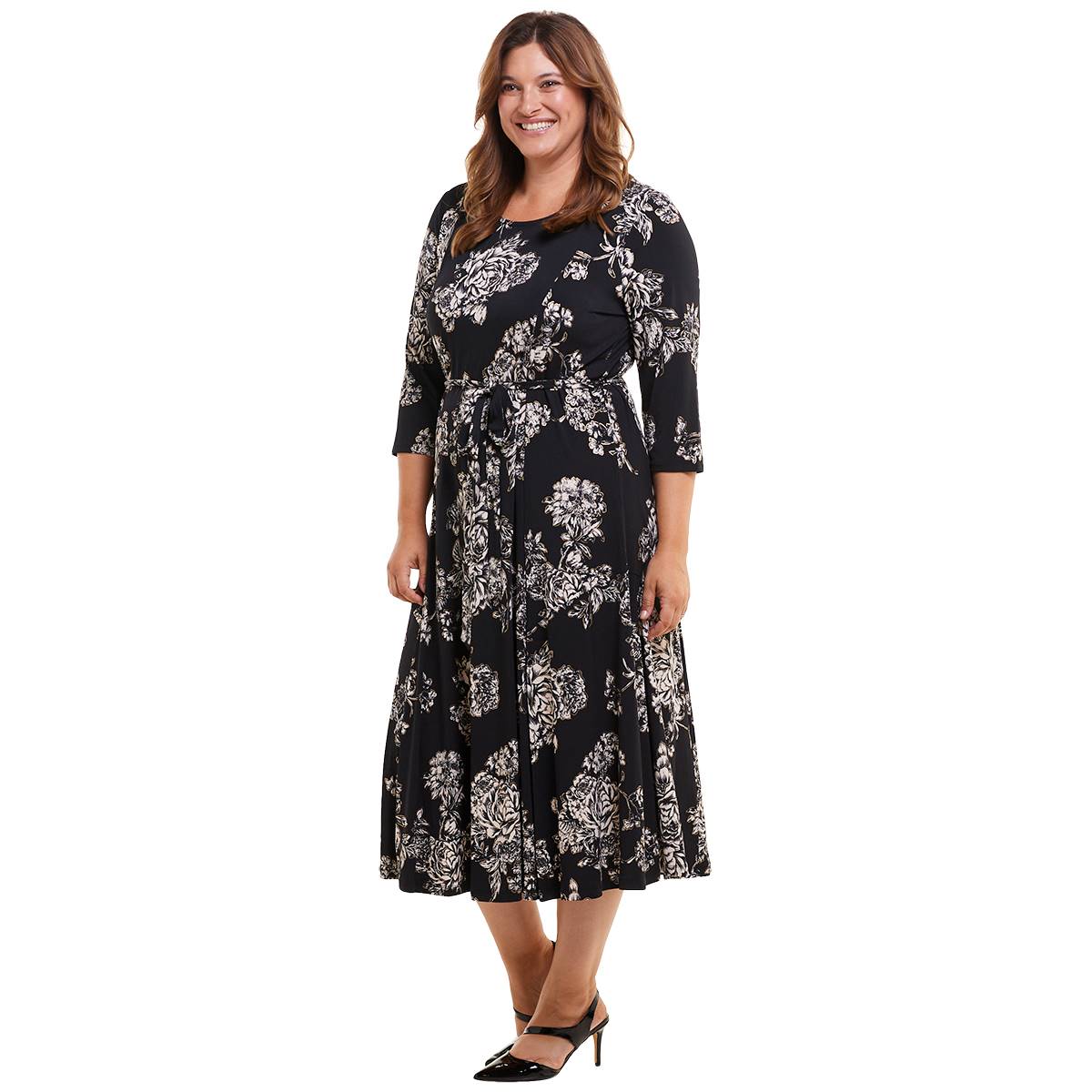 Plus Size Nina Leonard 3/4 Sleeve Floral Midi Dress