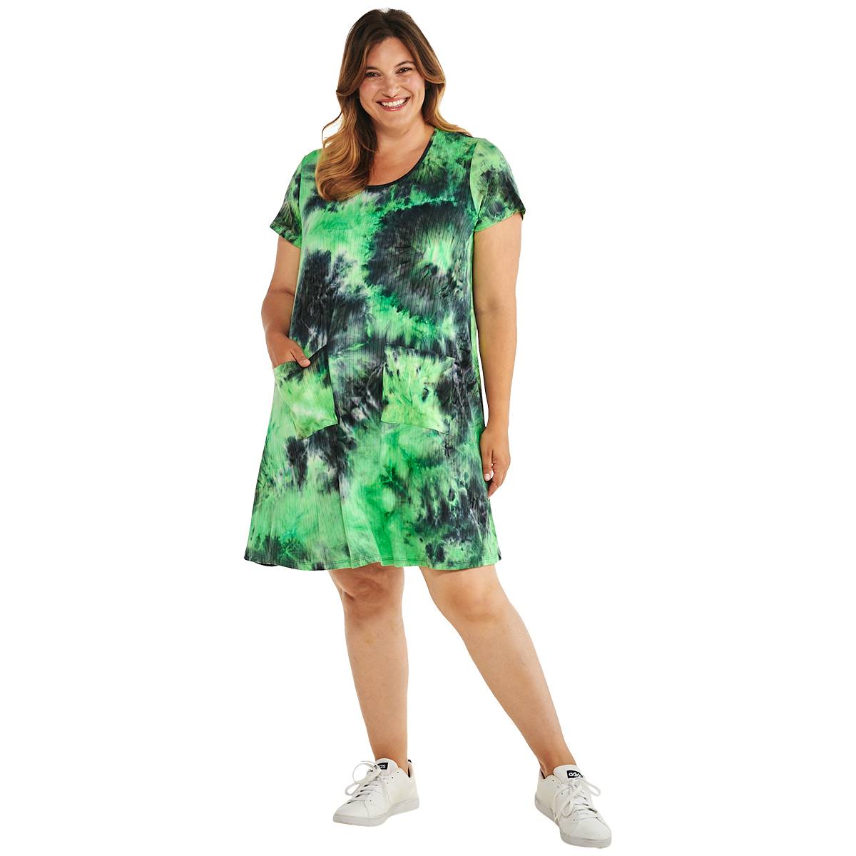 Plus Size Nina Leonard Short Sleeve Tie Dye Dress w/Pockets