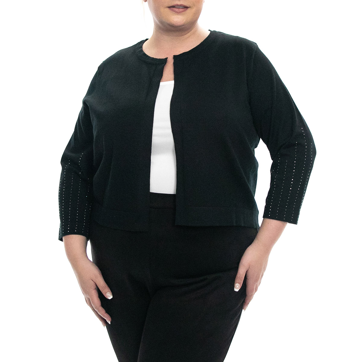 Plus Size Nina Leonard 3/4 Rhinestone Trim Sleeve Shrug