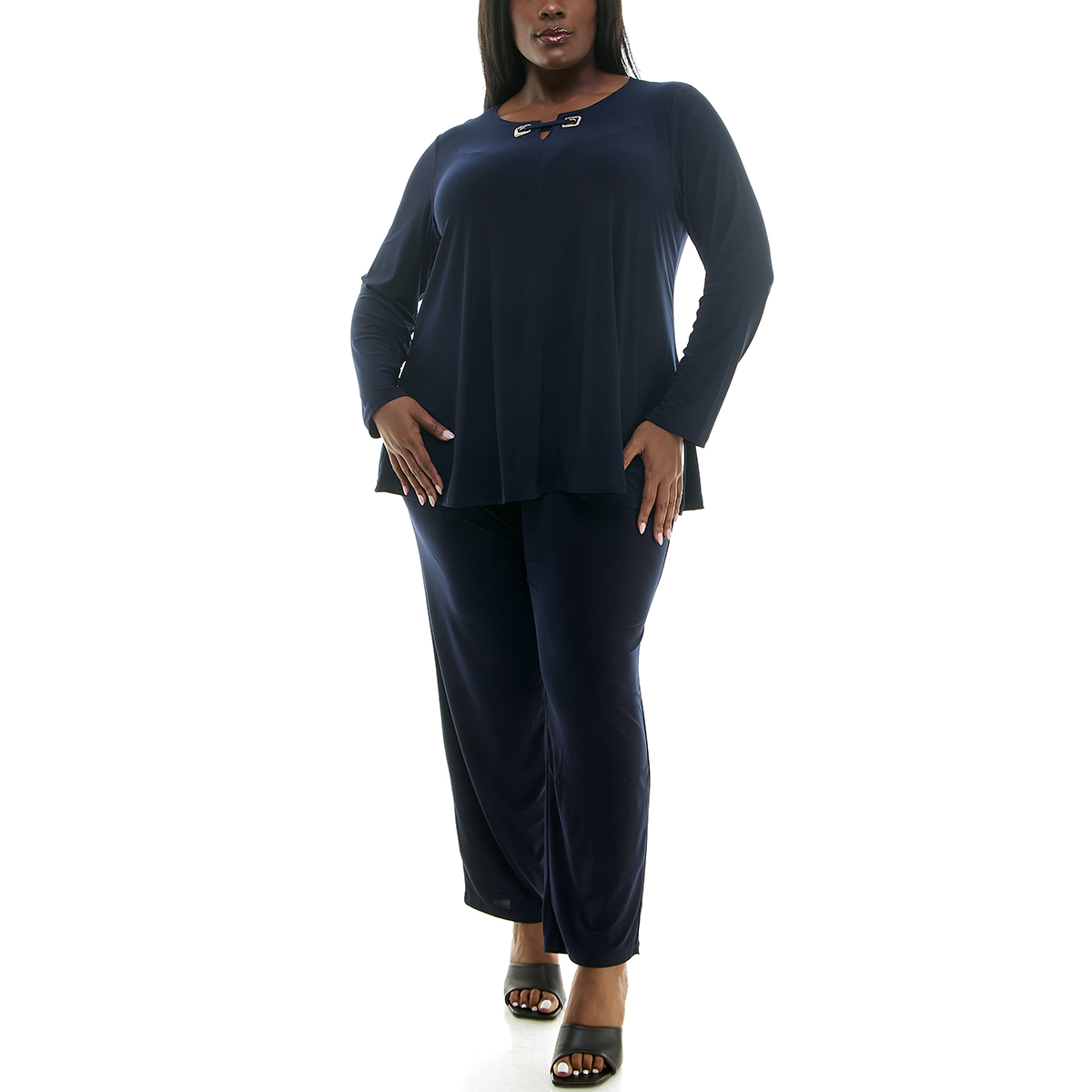 Plus Size Nina Leonard Long Sleeve Hardware Trim Tee With Pants