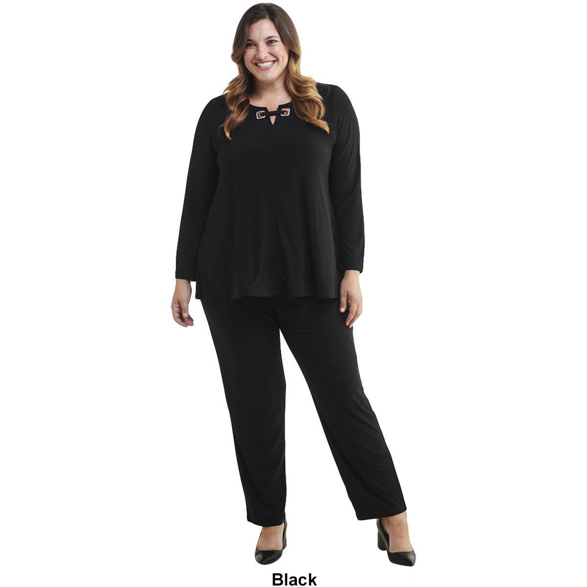 Plus Size Nina Leonard Long Sleeve Hardware Trim Tee With Pants