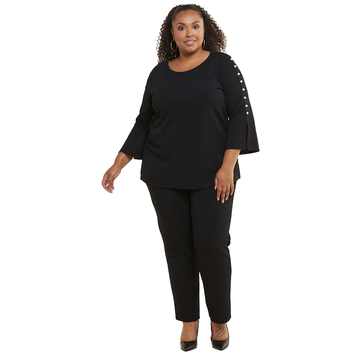 Plus Size Nina Leonard 2pc. Bell Button Sleeve Solid Pants Set