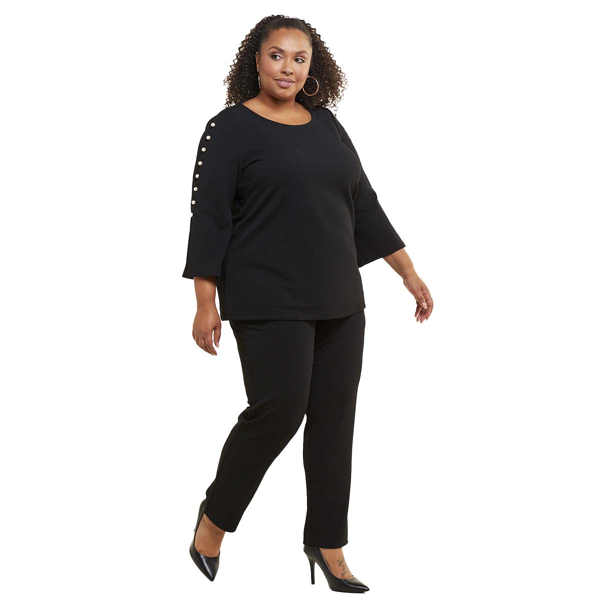 Plus Size Nina Leonard 2pc. Bell Button Sleeve Solid Pants Set