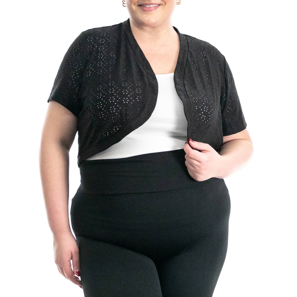 Plus Size Nina Leonard Short Sleeve Eyelet Shrug