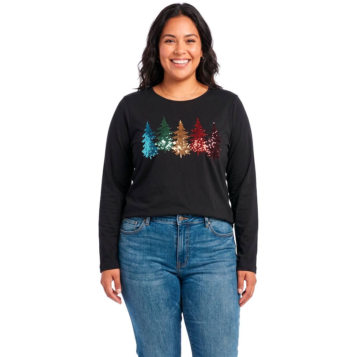 Plus Size Project Long Sleeve Rainbow Sequin Trees Tee