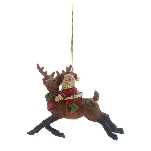Resin Santa Riding on a Reindeer Ornament