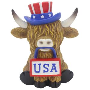Highland Cow with Top Hat & USA Sign Figurine