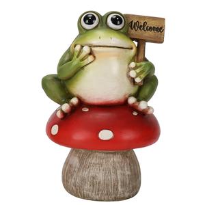 Resin Frog Holding a Welcome Sign & Sitting on a Mushroom