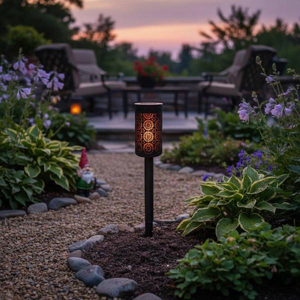 LED Solar Bollard Lawn Stake with Cutout Medallion Design alternate view