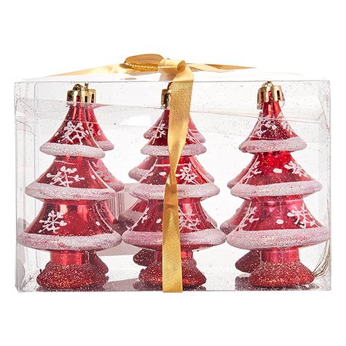Set of 6 Trees with Snowflakes & Glitter - Red