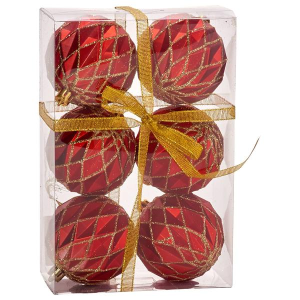 Set of 6 Geometric Red Gold Glitter Ornaments
