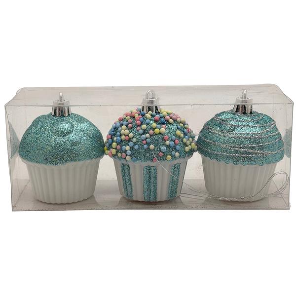Shatterproof Blue Cupcake Ornaments - Set of 3