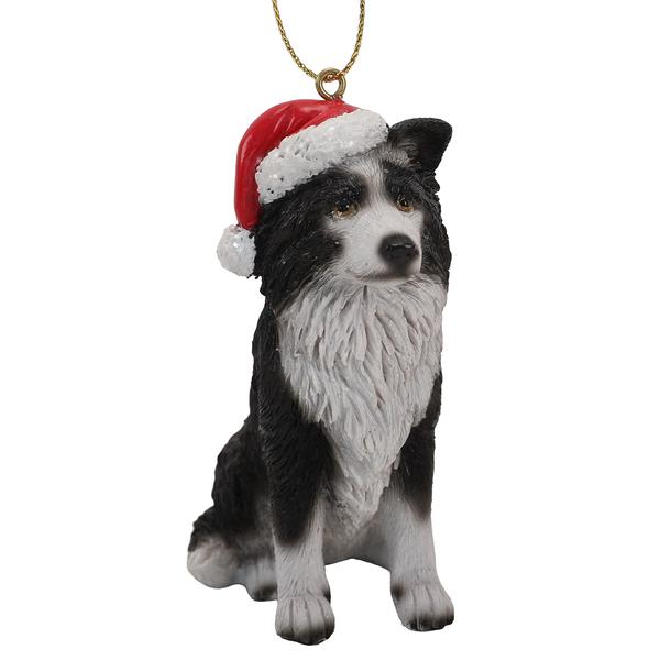 Resin Border Collie Wearing a Santa Hat Ornament