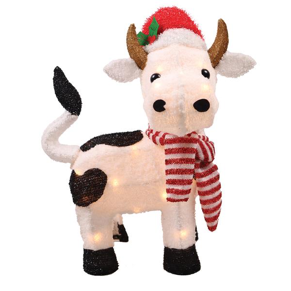 Holiday Pre-Lit Cow with Stocking Hat Decoration