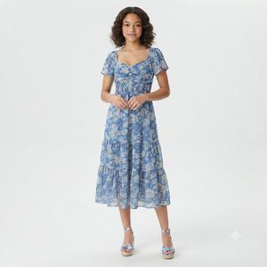 Juniors Trixxi Puff Sleeve Floral Chiffon Side Slit Midi Dress